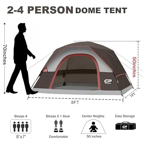 CAMPROS CP Tents for Camping 2/4/6 Person Tent Waterproof Windproof Double Layer Camping Tent, Easy Setup Dome Tent with Large Mesh Windows & Wider Door for Outdoor Camping & Hiking 