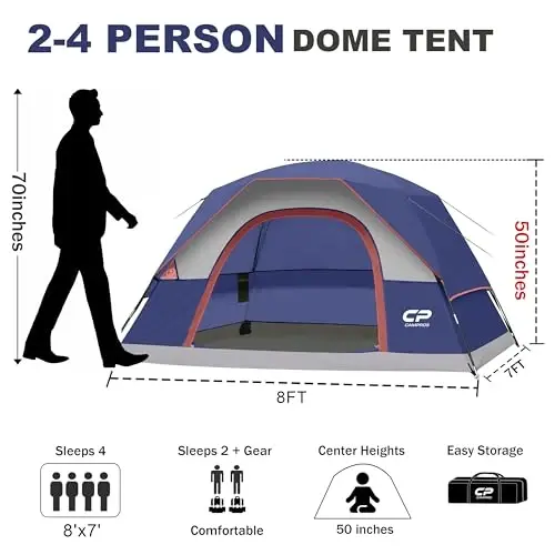 CAMPROS CP Tents for Camping 2/4/6 Person Tent Waterproof Windproof Double Layer Camping Tent, Easy Setup Dome Tent with Large Mesh Windows & Wider Door for Outdoor Camping & Hiking 