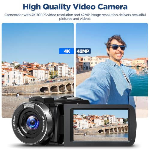 CAMWORLD Video Camera Camcorder 4K 42MP YouTube Vlogging Camera 18X Digital Zoom 3” 270° Rotation Screen vlog Camera with Microphone, Remote Control, 2 Batteries, Lens Hood, 32G SD Card - 11