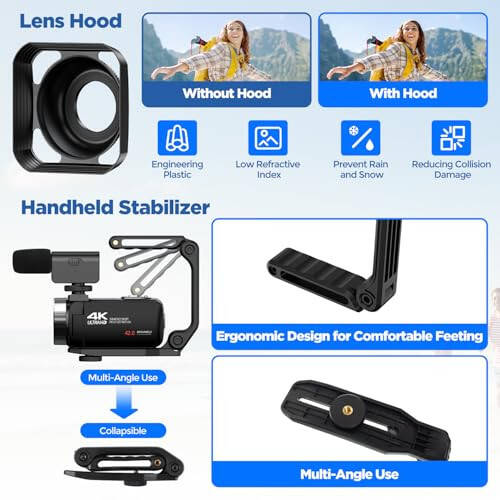 CAMWORLD Video Camera Camcorder 4K 42MP YouTube Vlogging Camera 18X Digital Zoom 3” 270° Rotation Screen vlog Camera with Microphone, Remote Control, 2 Batteries, Lens Hood, 32G SD Card - 8