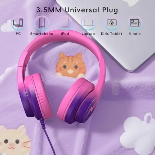 Candy Bila Kids Headphones, Wired Headphones for Kids Over Ear with Microphone, 85/94dB Volume Limiter Headphone for Girls Boys, Foldable Headphone for Learning, Deep Purple and Pink - 5