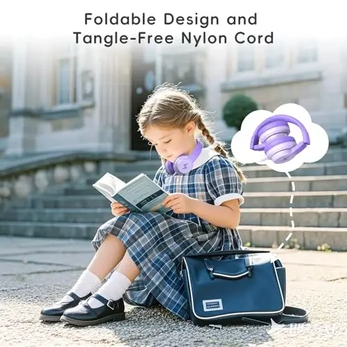 Candy Bila Kids Headphones, Wired Headphones for Kids Over Ear with Microphone, 85/94dB Volume Limiter Headphone for Girls Boys, Foldable Headphone for Learning & Entertainment, Gradient Deep Purple - 3