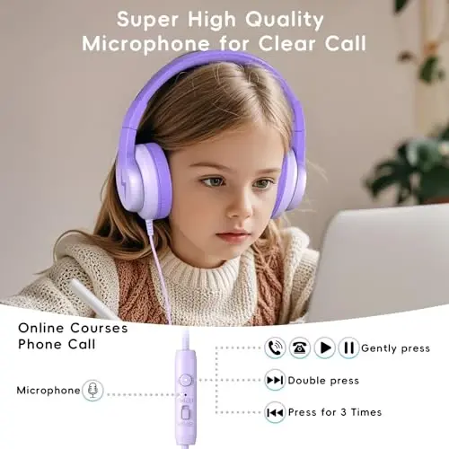 Candy Bila Kids Headphones, Wired Headphones for Kids Over Ear with Microphone, 85/94dB Volume Limiter Headphone for Girls Boys, Foldable Headphone for Learning & Entertainment, Gradient Deep Purple - 6