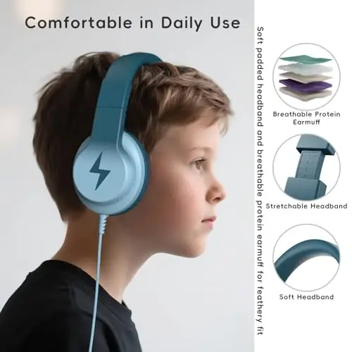 Candy Bila Kids Headphones, Wired Headphones for Kids Over Ear with Microphone, 85/94dB Volume Limiter Headphone for Girls Boys, Foldable Headphone for Learning & Entertainment, Gradient Green - 3