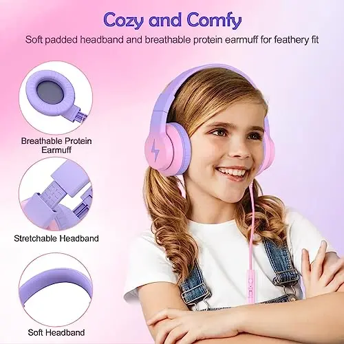 Candy Bila Kids Headphones, Wired Headphones for Kids Over Ear with Microphone, 85/94dB Volume Limiter Headphone for Girls Boys, Foldable Headphone for Learning & Entertainment, Gradient Red - 3
