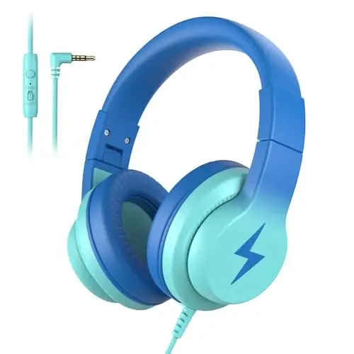 Candy Bila Kids Headphones, Wired Headphones for Kids with Microphone, 85/94dB Volume Limiter Headphone for Girls Boys, Foldable Headphone for Online Study, Gradient Blue 