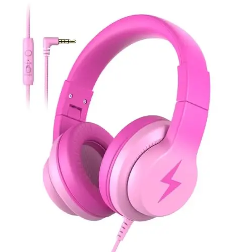 Candy Bila Kids Headphones, Wired Headphones for Kids Over Ear with Microphone, 85/94dB Volume Limiter Headphone for Girls Boys, Foldable Headphone for Learning & Entertainment, Gradient Deep Pink 