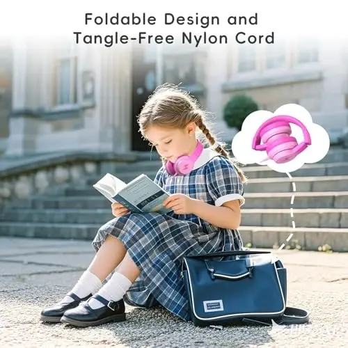 Candy Bila Kids Headphones, Wired Headphones for Kids Over Ear with Microphone, Foldable Headphone for Learning & Entertainment, Gradient Deep Pink - 3