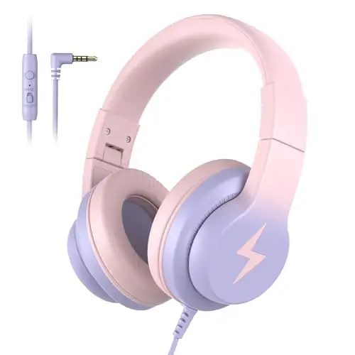 Candy Bila Kids Headphones, Wired Headphones for Kids Over Ear with Microphone, 85/94dB Volume Limiter Headphone for Girls Boys, Foldable Headphone for Learning & Entertainment, Gradient Pink 