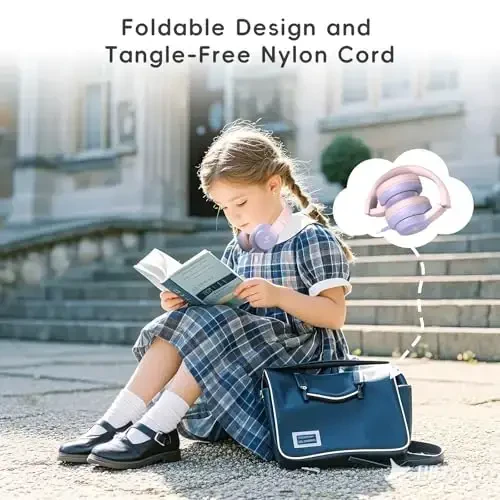 Candy Bila Kids Headphones, Wired Headphones for Kids Over Ear with Microphone, 85/94dB Volume Limiter Headphone for Girls Boys, Foldable Headphone for Learning & Entertainment, Gradient Pink - 4