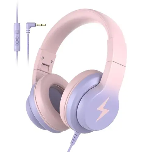 Candy Bila Kids Headphones, Wired Headphones for Kids Over Ear with Microphone, 85/94dB Volume Limiter Headphone for Girls Boys, Foldable Headphone for Learning & Entertainment, Gradient Pink 