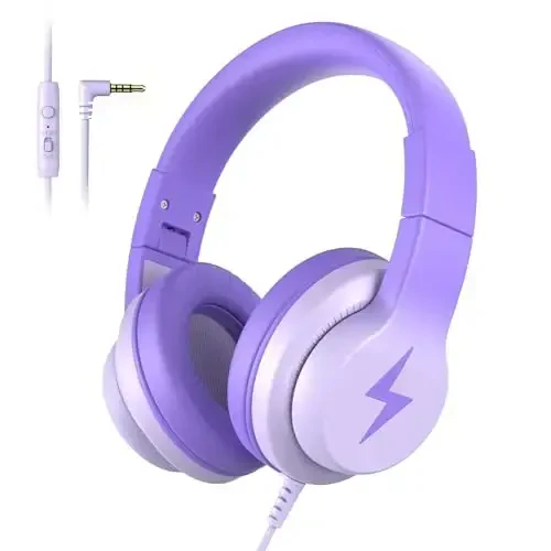 Candy Bila Kids Headphones, bolalar uchun simli quloqchinlar Mikrofonli quloq ustidagi bolalar uchun quloqchinlar, qizlar va o'g'il bolalar uchun 85/94dB ovoz balandligi cheklovchili quloqchin, o'qish va ko'ngil ochish uchun katlanadigan quloqchin, Gradient to'q binafsha - CANDY BILA