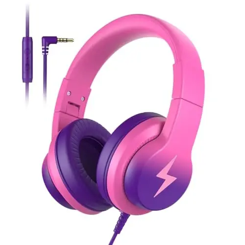 Candy Bila Kids Headphones, Wired Headphones for Kids Over Ear with Microphone, 85/94dB Volume Limiter Headphone for Girls Boys, Foldable Headphone for Learning, Deep Purple and Pink - 1