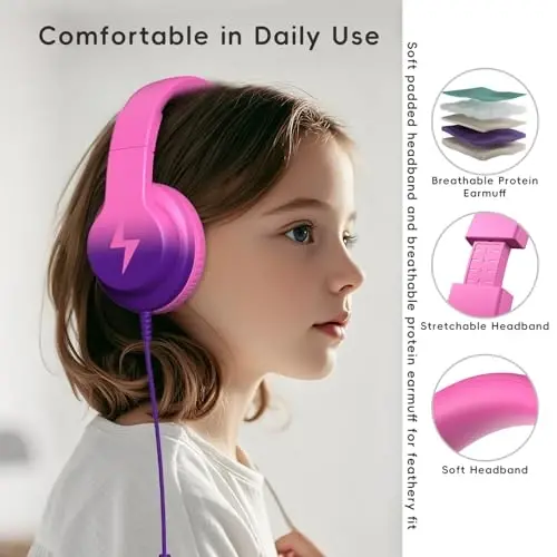 Candy Bila Kids Headphones, Wired Headphones for Kids Over Ear with Microphone, 85/94dB Volume Limiter Headphone for Girls Boys, Foldable Headphone for Learning, Deep Purple and Pink - 4
