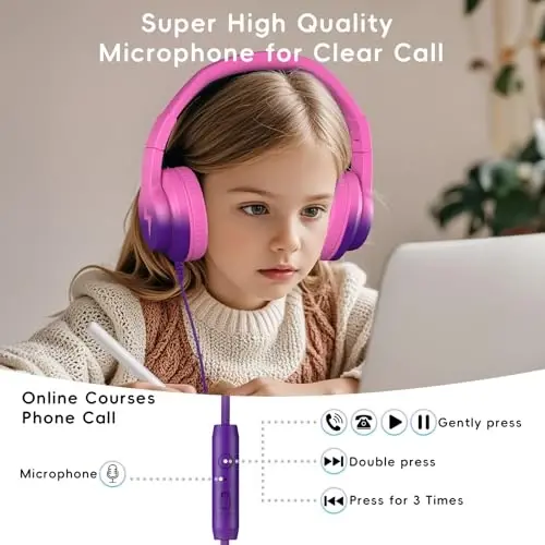 Candy Bila Kids Headphones, Wired Headphones for Kids Over Ear with Microphone, 85/94dB Volume Limiter Headphone for Girls Boys, Foldable Headphone for Learning, Deep Purple and Pink - 6