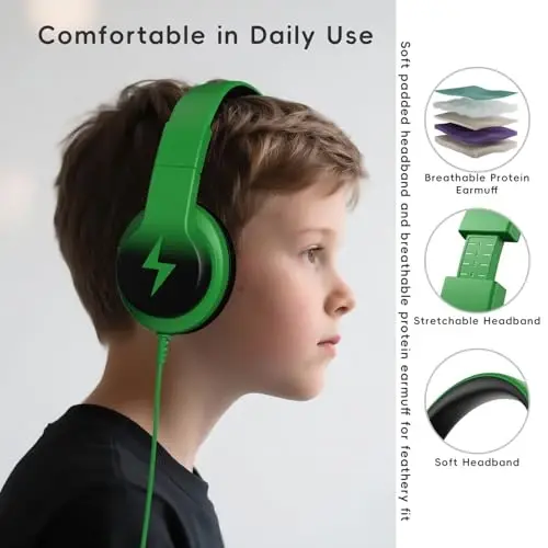 Candy Bila Kids Headphones, Wired Headphones for Kids Over Ear with Microphone, 85/94dB Volume Limiter Headphone for Girls Boys, Foldable Headphone for Learning & Entertainment, Black and Green - 5