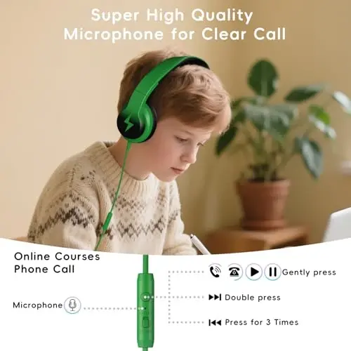 Candy Bila Kids Headphones, Wired Headphones for Kids Over Ear with Microphone, 85/94dB Volume Limiter Headphone for Girls Boys, Foldable Headphone for Learning & Entertainment, Black and Green - 3