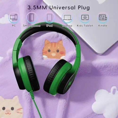 Candy Bila Kids Headphones, Wired Headphones for Kids Over Ear with Microphone, 85/94dB Volume Limiter Headphone for Girls Boys, Foldable Headphone for Learning & Entertainment, Black and Green - 4