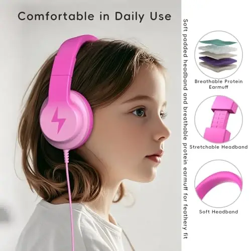 Candy Bila Kids Headphones, Wired Headphones for Kids Over Ear with Microphone, 85/94dB Volume Limiter Headphone for Girls Boys, Foldable Headphone for Learning & Entertainment, Gradient Deep Pink - 4