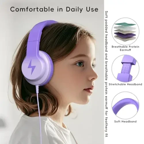 Candy Bila Kids Headphones, Wired Headphones for Kids Over Ear with Microphone, 85/94dB Volume Limiter Headphone for Girls Boys, Foldable Headphone for Learning & Entertainment, Gradient Deep Purple - 4