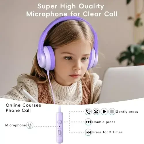 Candy Bila Kids Headphones, Wired Headphones for Kids Over Ear with Microphone, 85/94dB Volume Limiter Headphone for Girls Boys, Foldable Headphone for Learning & Entertainment, Gradient Deep Purple - 6