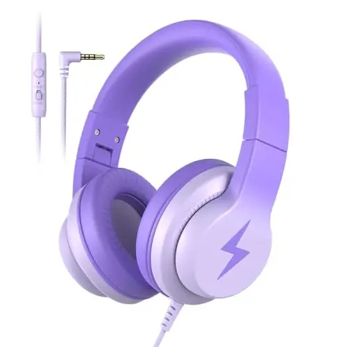 Candy Bila Kids Headphones, Wired Headphones for Kids Over Ear with Microphone, 85/94dB Volume Limiter Headphone for Girls Boys, Foldable Headphone for Learning & Entertainment, Gradient Deep Purple 