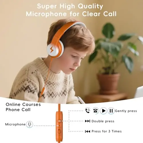 Candy Bila Kids Headphones, Wired Headphones for Kids Over Ear with Microphone, 85/94dB Volume Limiter Headphone for Girls Boys, Foldable Headphone for Learning & Entertainment, White and Orange - 4