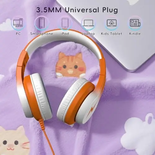 Candy Bila Kids Headphones, Wired Headphones for Kids Over Ear with Microphone, 85/94dB Volume Limiter Headphone for Girls Boys, Foldable Headphone for Learning & Entertainment, White and Orange - 5