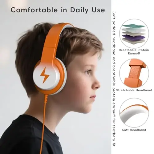 Candy Bila Kids Headphones, Wired Headphones for Kids Over Ear with Microphone, 85/94dB Volume Limiter Headphone for Girls Boys, Foldable Headphone for Learning & Entertainment, White and Orange - 6