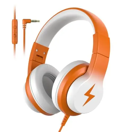Candy Bila Kids Headphones, Wired Headphones for Kids Over Ear with Microphone, 85/94dB Volume Limiter Headphone for Girls Boys, Foldable Headphone for Learning & Entertainment, White and Orange 