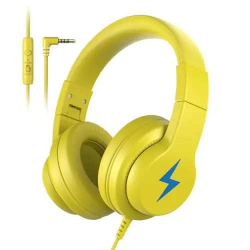 Candy Bila Kids Headphones, Wired Headphones for Kids Over Ear with Microphone, 85/94dB Volume Limiter Headphone for Girls Boys, Foldable Headphone for Learning & Entertainment, Yellow 