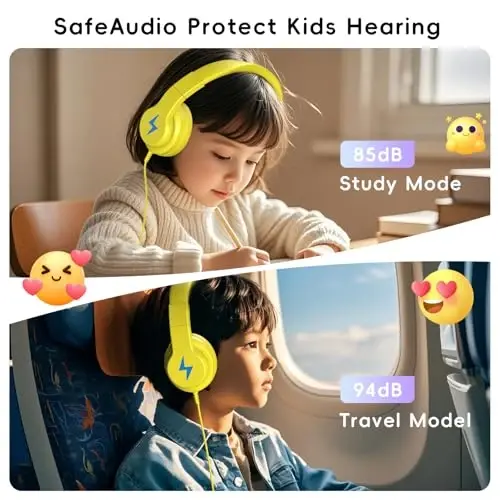 Candy Bila Kids Headphones, Wired Headphones for Kids Over Ear with Microphone, 85/94dB Volume Limiter Headphone for Girls Boys, Foldable Headphone for Learning & Entertainment, Yellow - 2