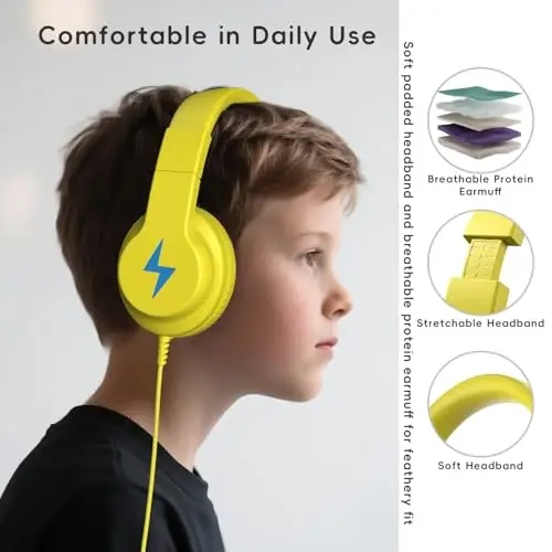Candy Bila Kids Headphones, Wired Headphones for Kids Over Ear with Microphone, 85/94dB Volume Limiter Headphone for Girls Boys, Foldable Headphone for Learning & Entertainment, Yellow - 4