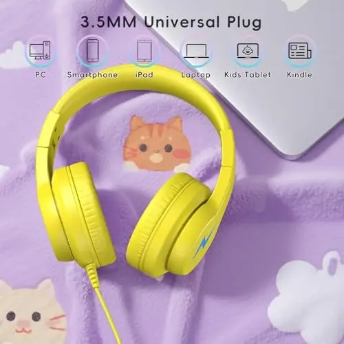 Candy Bila Kids Headphones, Wired Headphones for Kids Over Ear with Microphone, 85/94dB Volume Limiter Headphone for Girls Boys, Foldable Headphone for Learning & Entertainment, Yellow - 5