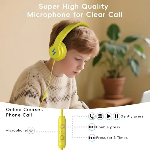 Candy Bila Kids Headphones, Wired Headphones for Kids Over Ear with Microphone, 85/94dB Volume Limiter Headphone for Girls Boys, Foldable Headphone for Learning & Entertainment, Yellow - 6
