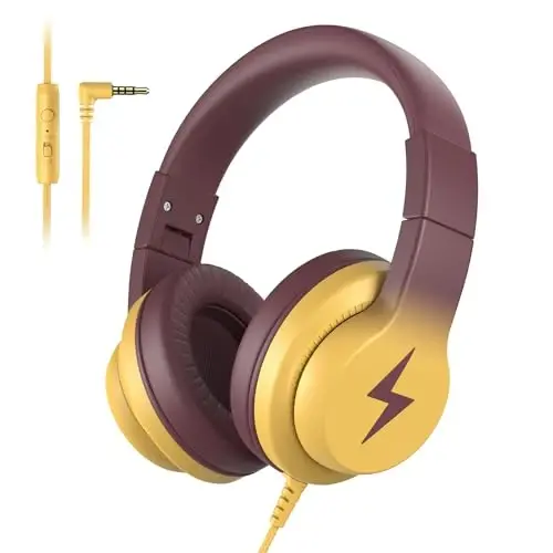 Candy Bila Kids Headphones, Wired Headphones for Kids Over Ear with Microphone, 85/94dB Volume Limiter Headphone for Girls Boys, Foldable Headphone for Learning, Gradient Brown and Yellow - 1
