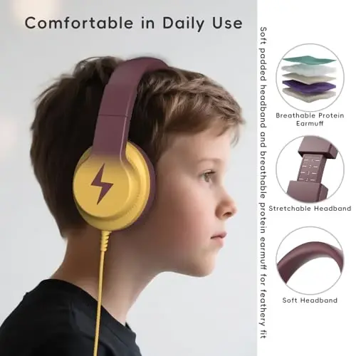 Candy Bila Kids Headphones, Wired Headphones for Kids Over Ear with Microphone, 85/94dB Volume Limiter Headphone for Girls Boys, Foldable Headphone for Learning, Gradient Brown and Yellow - 3