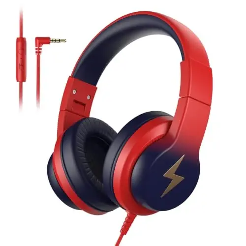 Candy Bila Kids Headphones, Wired Headphones for Kids Over Ear with Microphone, 85/94dB Volume Limiter Headphone for Girls Boys, Foldable Headphone for Learning, Gradient red to Dark Blue - 1