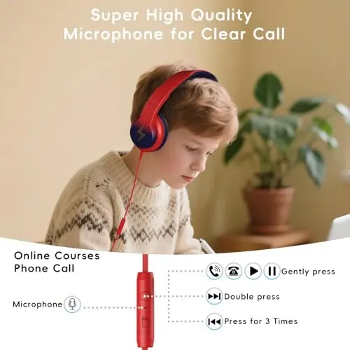 Candy Bila Kids Headphones, Wired Headphones for Kids Over Ear with Microphone, 85/94dB Volume Limiter Headphone for Girls Boys, Foldable Headphone for Learning, Gradient red to Dark Blue - 5