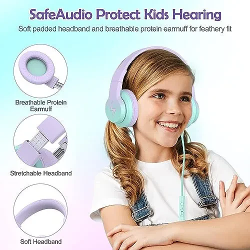 Candy Bila Kids Headphones, Wired Headphones for Kids Over Ear with Microphone, 85/94dB Volume Limiter Headphones for Girls Boys, Foldable Headphones for Learning & Entertainment, Gradient Purple - 4