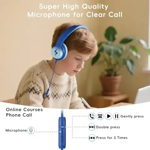 Candy Bila Kids Mikrofonli bolalar uchun simli naushniklar, qizlar va o'g'il bolalar uchun 85/94dB ovoz balandligi cheklovchi naushniklar, och ko'k - 6