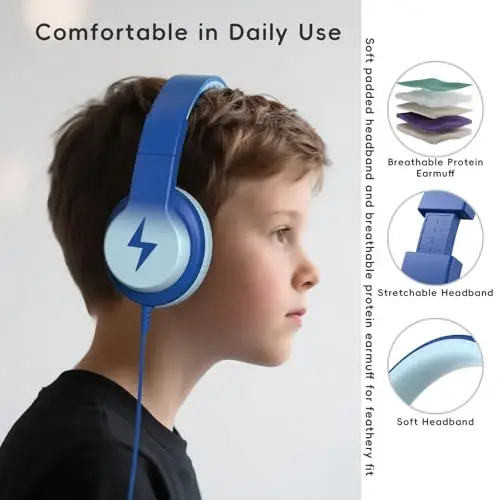 Candy Bila Kids Mikrofonli bolalar uchun simli naushniklar, qizlar va o'g'il bolalar uchun 85/94dB ovoz balandligi cheklovchi naushniklar, och ko'k - 3