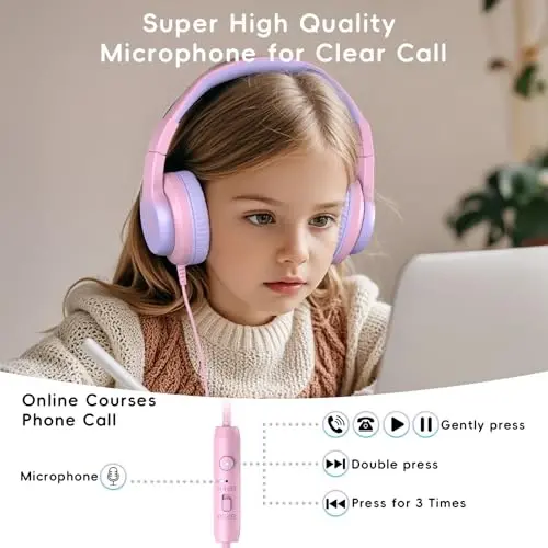 Candy Bila Kids Mikrofonli bolalar uchun simli naushniklari, qizlar va o'g'il bolalar uchun 85/94dB ovoz balandligini cheklovchi naushniklar, och binafsha - 6