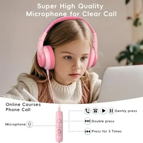 Candy Bila Kids Mikrofonli simli naushniklar, qizlar va o'g'il bolalar uchun 85/94dB ovoz cheklovchi naushniklar, och pushti - 6