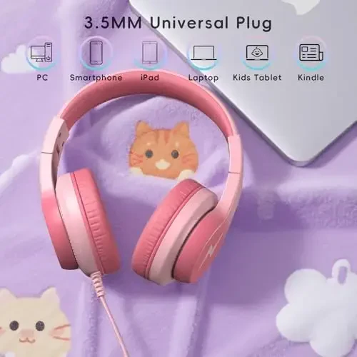 Candy Bila Kids Mikrofonli simli naushniklar, qizlar va o'g'il bolalar uchun 85/94dB ovoz cheklovchi naushniklar, och pushti - 7