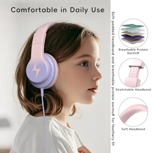 Candy Bila Kids naushniklari, mikrofonli simli bolalar naushniklari, qizlar va o'g'il bolalar uchun 85/94dB ovoz balandligi cheklovchili naushnik, o'qish va ko'ngil ochish uchun katlanadigan naushnik, gradient pushti - 3