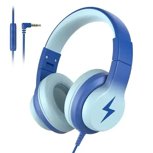 Candy Bila Kids Wired Headphones for Kids with Microphone, 85/94dB Volume Limiter Headphones for Girls Boys, Light Blue - 1