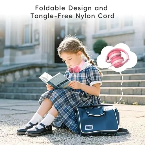 Candy Bila Kids Wired Headphones for Kids with Microphone, 85/94dB Volume Limiter Headphones for Girls Boys, Light Pink - 3