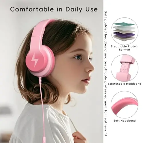 Candy Bila Kids Wired Headphones for Kids with Microphone, 85/94dB Volume Limiter Headphones for Girls Boys, Light Pink - 4