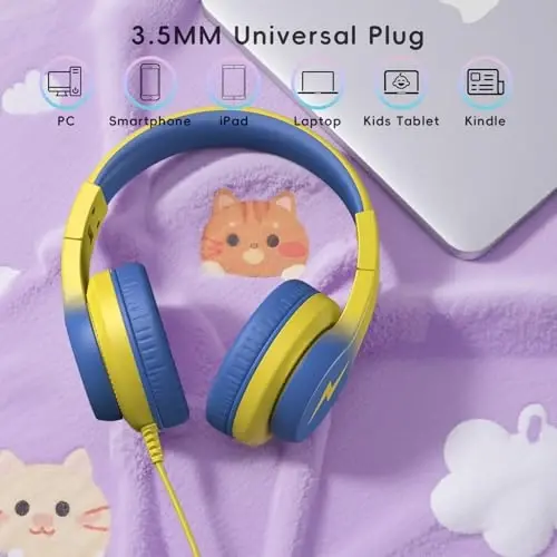Candy Bila Kids Wired Headphones for Kids with Microphone, 85/94dB Volume Limiter Headphones for Girls Boys, Light Yellow - 7